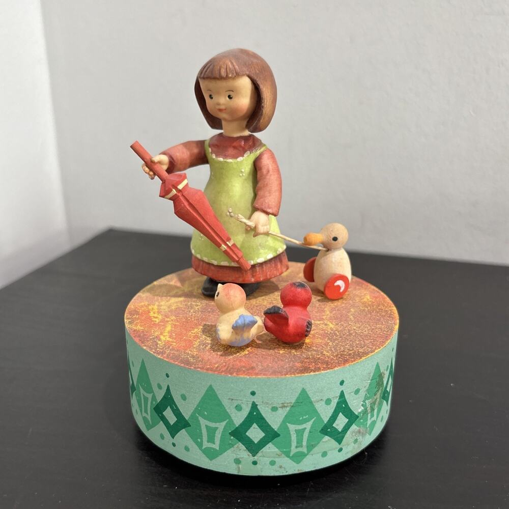 Vintage ANRI Music Box Carved Wood Girl Umbrella Duck Bird Rotating Italy Works